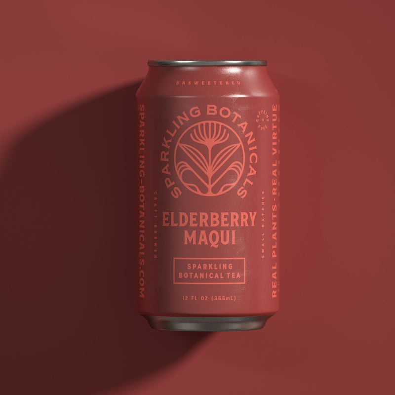 A can of Elderberry Maqui Rishi Tea & Botanicals on a red background.